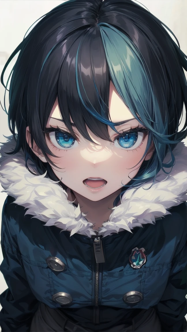 Close-up of a manga girl with blue hair and a yellow shirt, 2D Animation, 2D Animation style, 2D Art, 2D Art, 2D from Gorillaz, 2D from Gorillaz, 2D Gorillaz, Screaming Cerket, 2D Sprite, Jinx Face, short hair, Small breasts, hot pants, ((Black Hair, Inner bright blue hair:1.4))