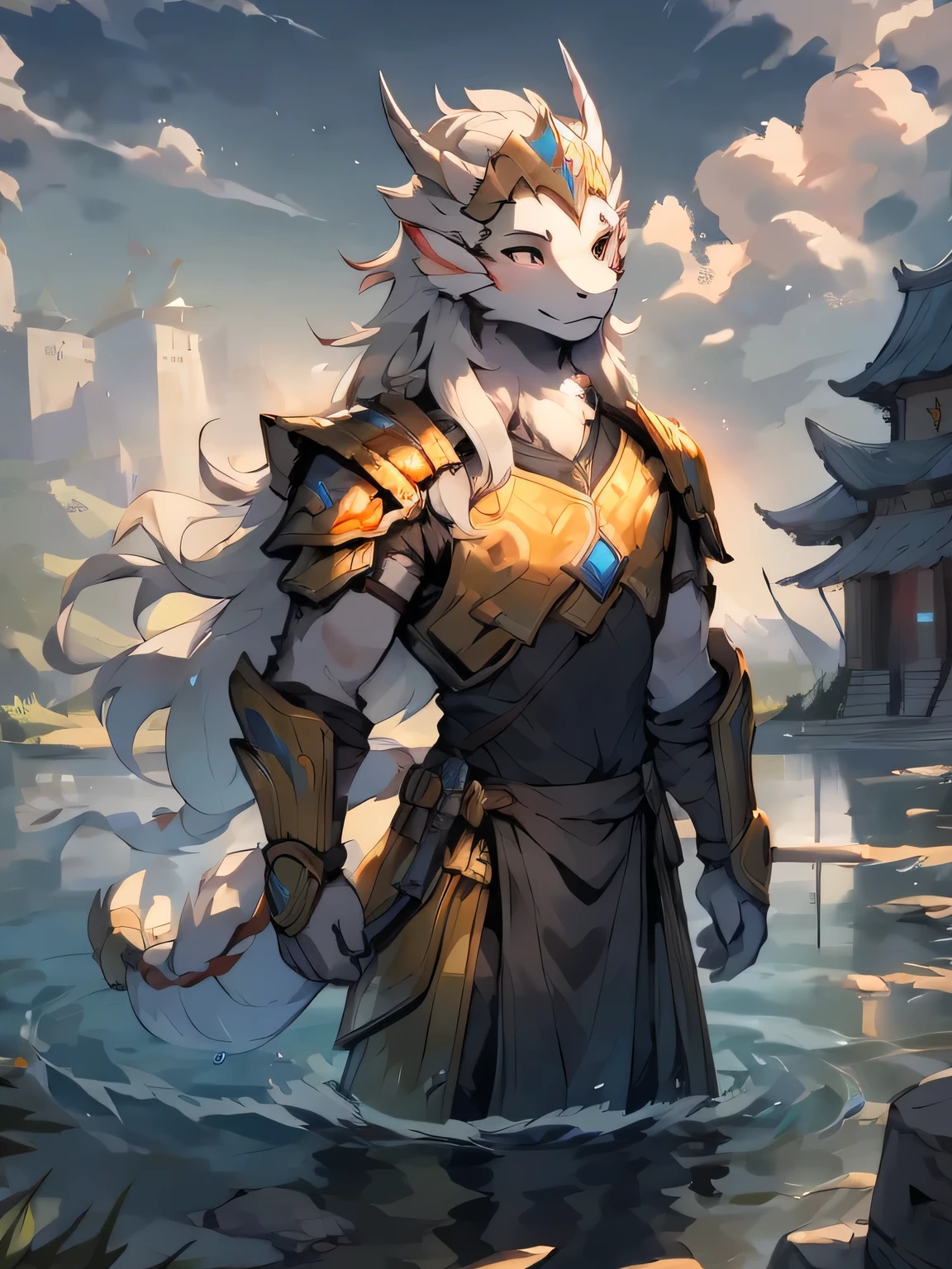 furry Chinese dragon light attribute with two swords on his back, tall and majestic, looking down at the whole body, armor, golden armor and silver helmet, the general triumphantly vibrates the sword, red long hair, city gate, Chinese wind, flowing water, long river