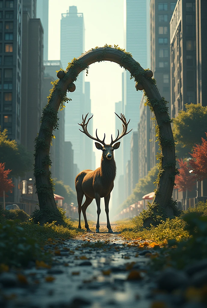 People in present full of building and transport see a deer in the portal full of nature