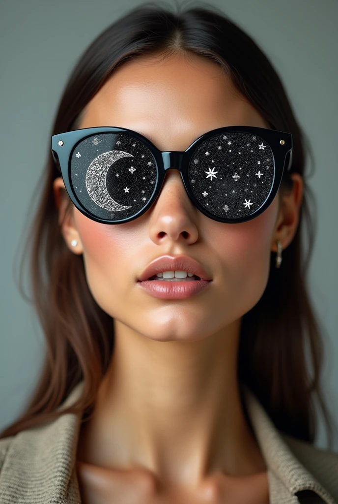 The model is wearing glass sunglasses with stars and the moon on the glass