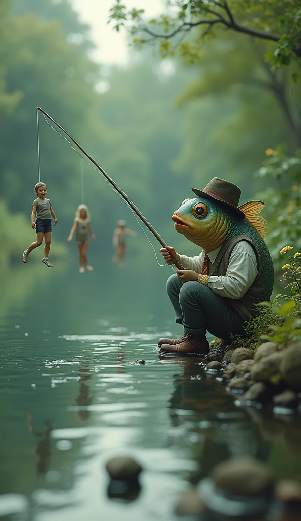 Sitting fish by the pond in the role of a fisherman, catch people on a rod like a fisherman.