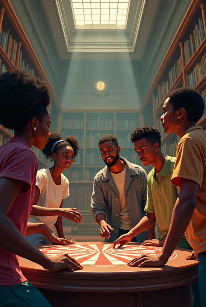 African University students playing darts standing in a library. Image must be art style.