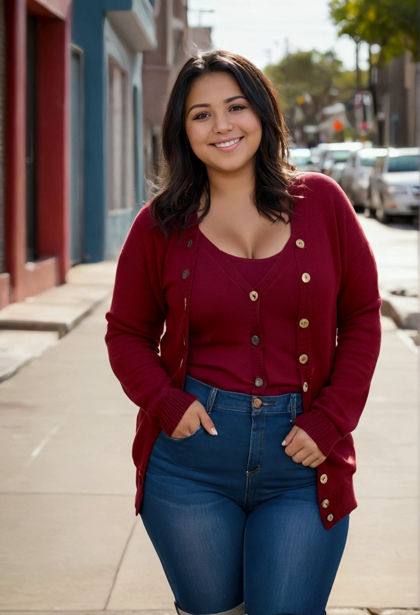 Yesenia, 2 woman, latina, puerto rican woman, short, chubby, tan, thick thighs, round butt, bubble butt, short legs, chubby belly, short stubby arms, small chunky hands, cubby cheeks on face, cute button nose, soft hazel eyes, modest bust, RAW photos, 8K, highest quality, ultra-high resolution, real human skin, happy expressions, shoulder length black hair with dark red highlights, cute, red cardigan sweater, tight jeans, brown ankle high leather boots, walking in the city neighborhood, urban, cute woman, surreal, whole body,