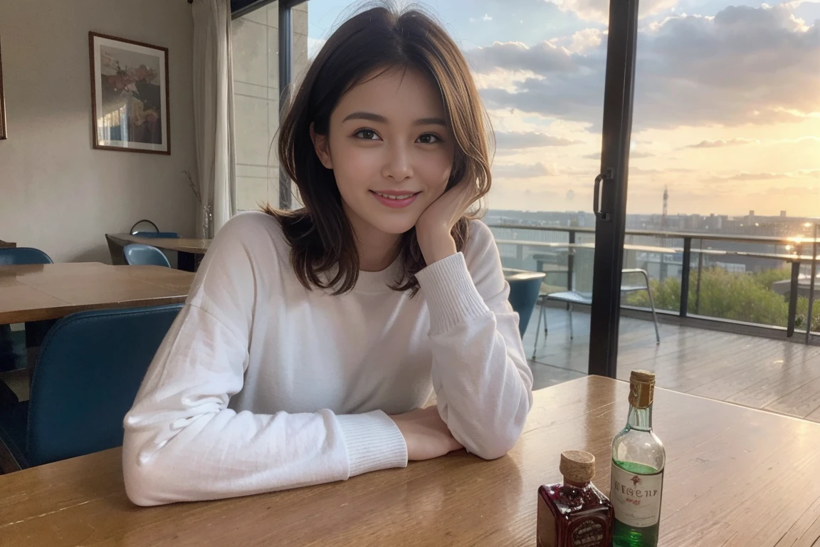 ((Highest quality、8k、masterpiece:1.3))、slimカップル、modelカップル、(Realistic, Intricate details:1.2), full-course dinner、Whiskey bottle and glass on the table、Single Malt、scotch、Shot Glass、On the rock、Scotland、Amazing view of the sunset sky and clouds、A bright smile、The wonderfulness of smile、 Beautiful Face, blue eyes, The light shines on your face, blush, short hair,Bright Face、 (Age 37), 3,Two beauties、Brown Hair、Shortcuts、Long sleeve shirt、dress、Beautiful woman 1, (slimな顔), (The body is slim), (Brown Hair), (Shortcuts), cheeks turn a little red,Attractive beauty、restaurant, In a prominent place (From the waist up) Nova Frog Style, actress, model, Upper Body, White wine, slim, smile, (smile: 1.15), Beautiful fine grain, Depth f/2,saturation, High Contrast, Strong light and shadow,Moist Body:1.5、3D texture、Delicate eyes、Brown Hair、The hair is very shiny、