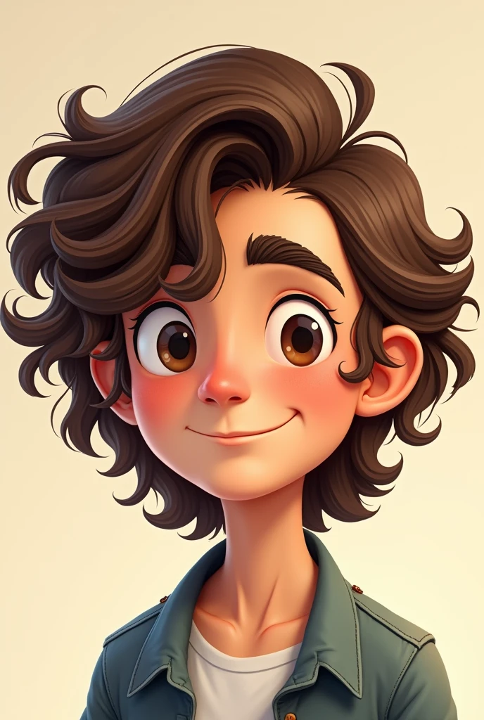 I have a 2d male teenage cartoon oc I want long curly brown hair with a rubber band in the back and long on the left side in front 
