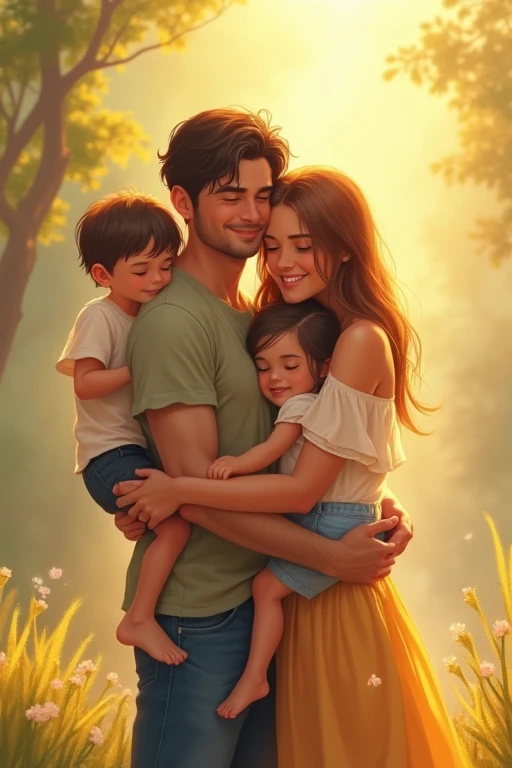 A family of four hugging and smiling in the warm light、Illustrations with a touch like Monet's
