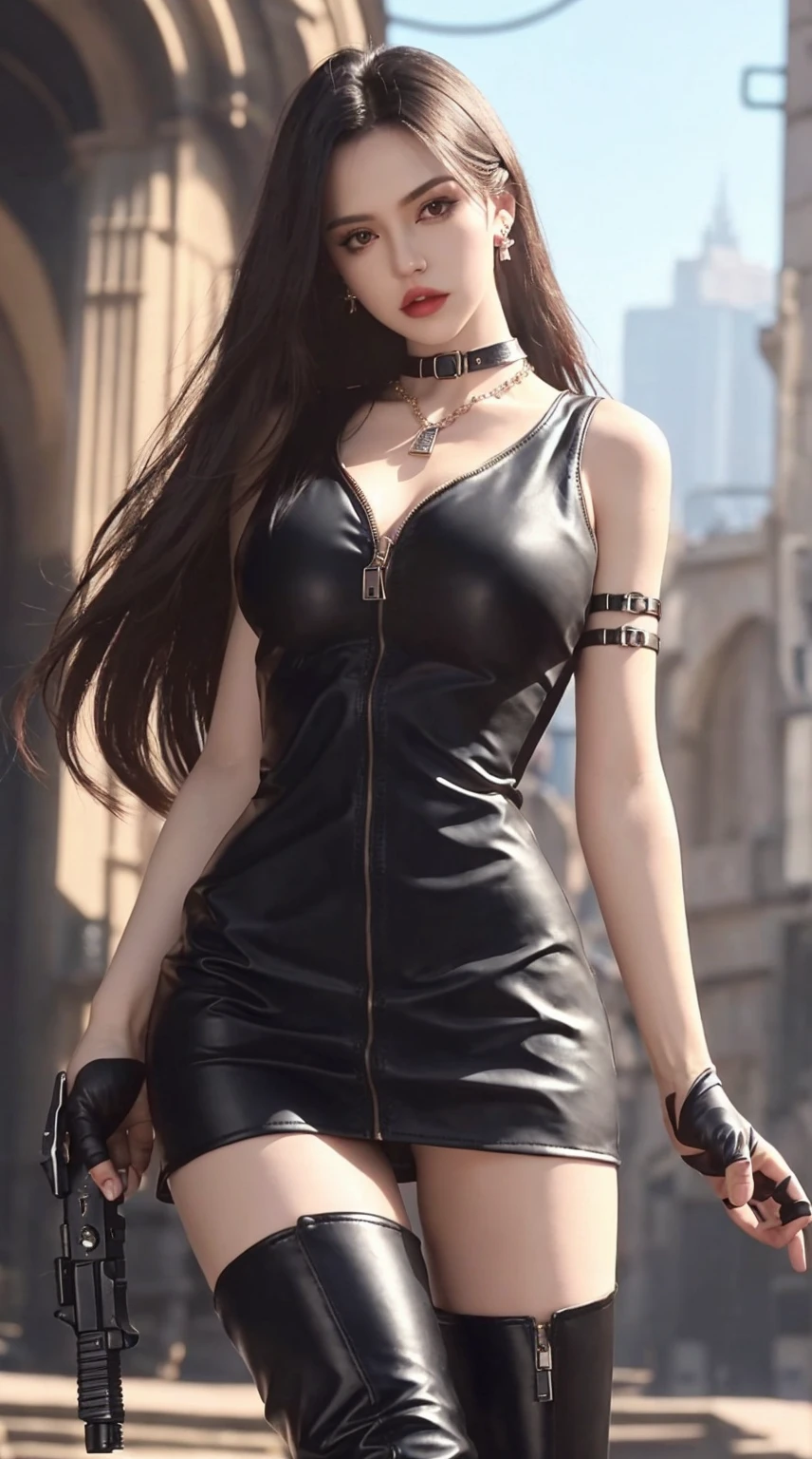 (highest quality, 4k, masterpiece :1.3), Beautiful woman, surreal, 1 girl,),Ajolf,Natural makeup,side lock, gold hair band, gold earringss, side lock, gold rose hair ornament, gold earrings, big breasts, bare shoulders, black dress, double sided dress ,  choker, thigh boots,  , fingerless gloves, thigh boots,Slender beauty, (attractive body :1.2), sit-ups exercise :1.1, long black hair 1.1, super detailed face, lip details, fine eyes, double eyelid, sensual low neck dress, open neckline, sideways pose,Are standing, visible curve,muscular and bent legs, Youghal, masterpiece, highest quality, High resolution, aaYoughalf,cowboy shot, Are standing, looking at the viewer, outdoor, night, (perfect anatomy:1.2 big butts, jewelry, off shoulder, black pantyhose, cute smile,  Beautiful and bright lighting, beautiful breasts, 