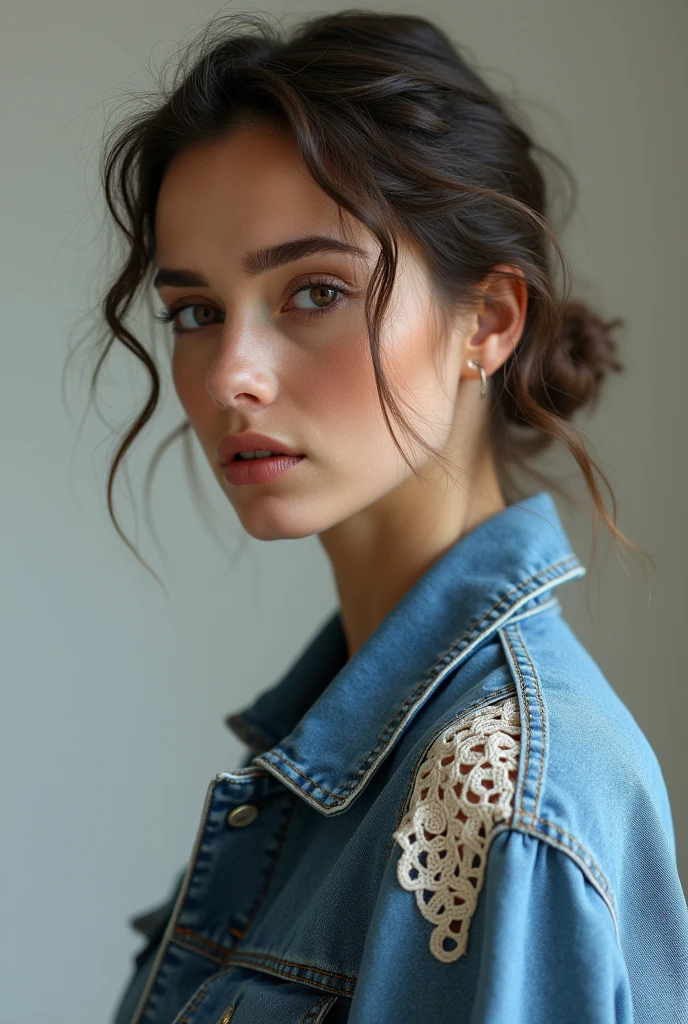 European woman model wearing denim jacket with elegant crochet sleeve. Luxurious and creative. 