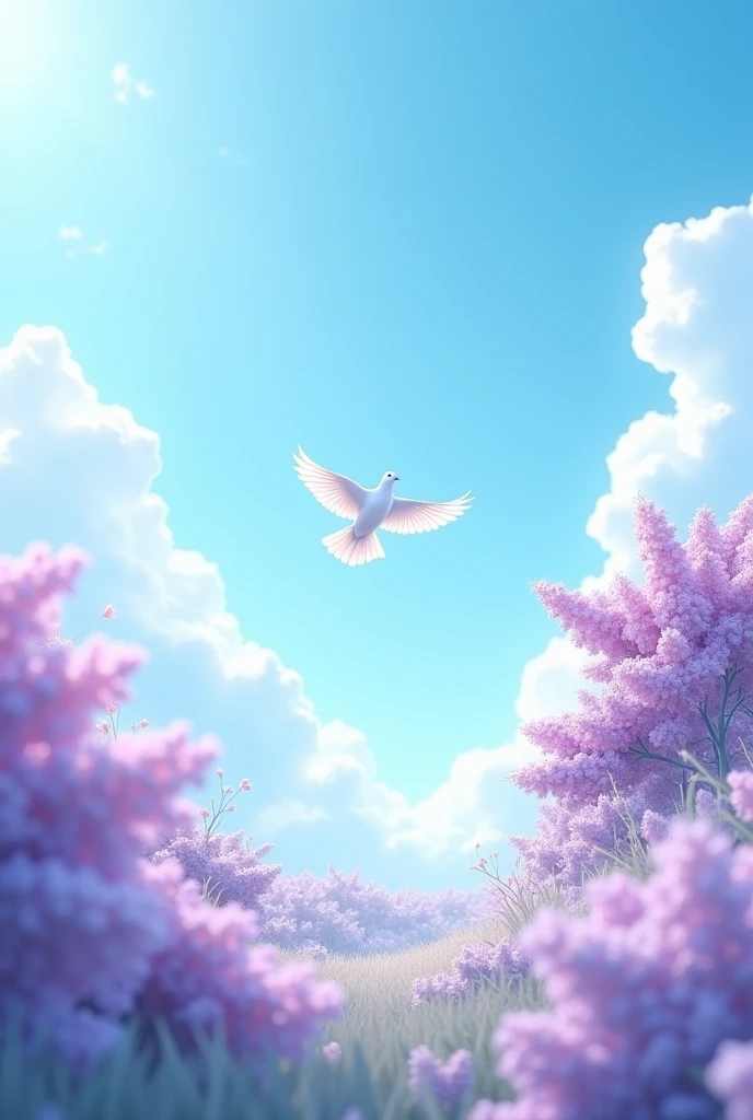 Landscape with a blue sky, lilac and a dove flying in the sky