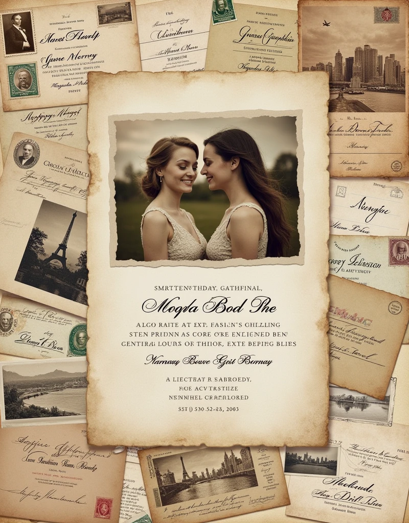 Design an invitation that combines elements from multiple vintage eras to create a timeless and eclectic look. Experiment with sepia-toned photographs, vintage postcard accents, and a mix of fonts
