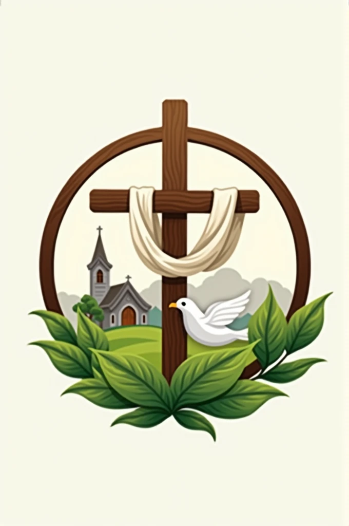 Circle logo and inside is a brown cross with white cloth, a church in the back of the cross and green leaf and a dove