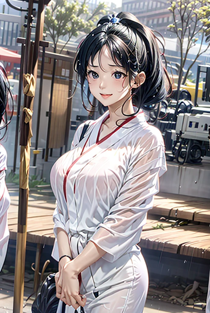 Highest quality,Very detailed depiction,20-year-old,Cowboy Shot,Are standing,((Three-stranded)),Wet black hair,((Soaking wet:1.5)),(Provocative look),Pink Cheeks,((She is wearing a soaking wet white business shirt and pink panties.:1.5)),White business shirt,(Showing off her light pink panties),Anatomically correct hand. The background is the entrance to a Japanese house.,rain,afternoon.