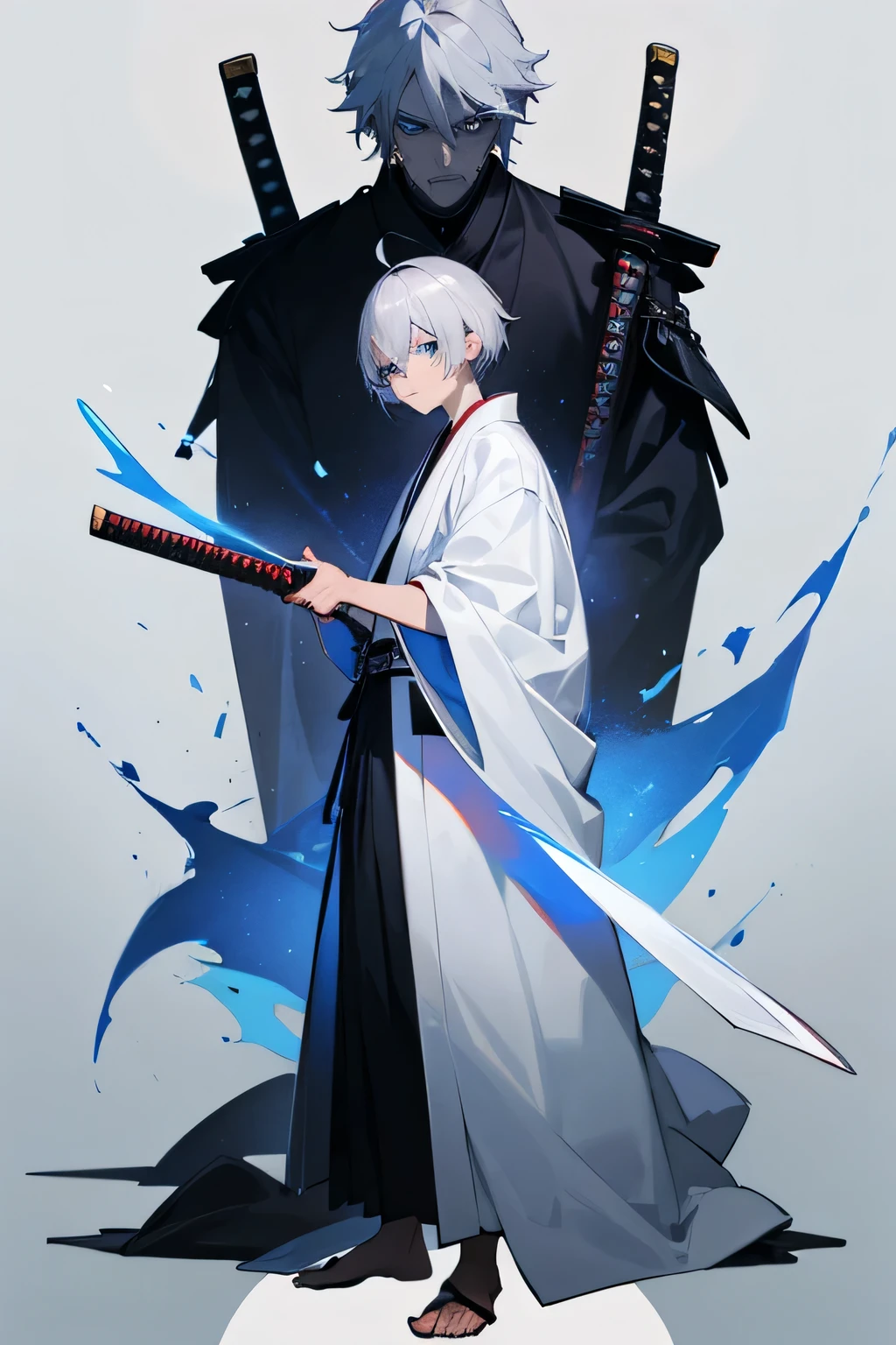 1man, silver hair, blue eyes, short hair, robe, samurai sword, full body