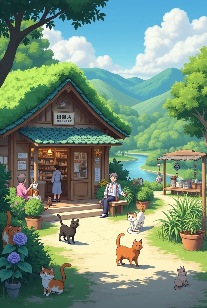 ghibli pharmacy in a rural area peaceful vibes with people chilling and many cats outside