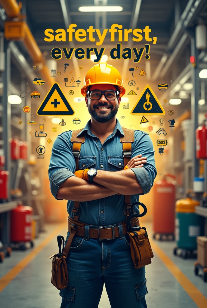 1. Slogan: "Safety First, Every Day!"
Design Idea:
A worker wearing a hard hat, safety goggles, and gloves, standing confidently in a safe workplace environment.
Bold text with the slogan at the top.
Icons representing different safety measures (e.g., fire extinguisher, first aid kit, safety signs) surrounding the worker.