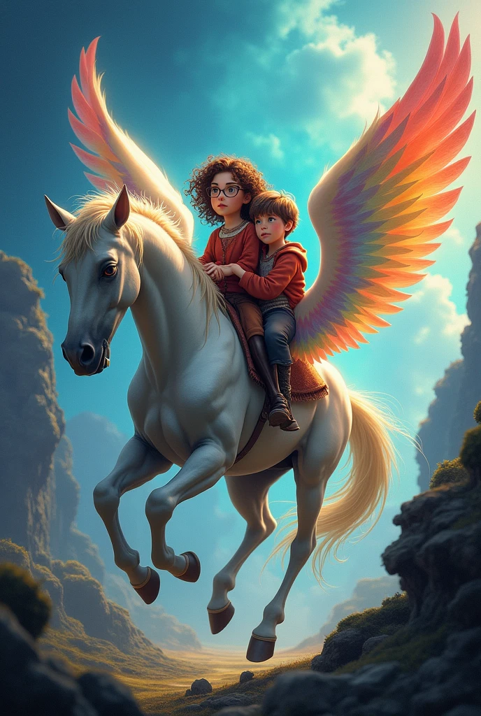 Mrs. Whatsit turn into beautiful horse with colourful wings. On the back of the horse , Meg the girl wearing glasses with curly brown hair,
a boy
and thin boy