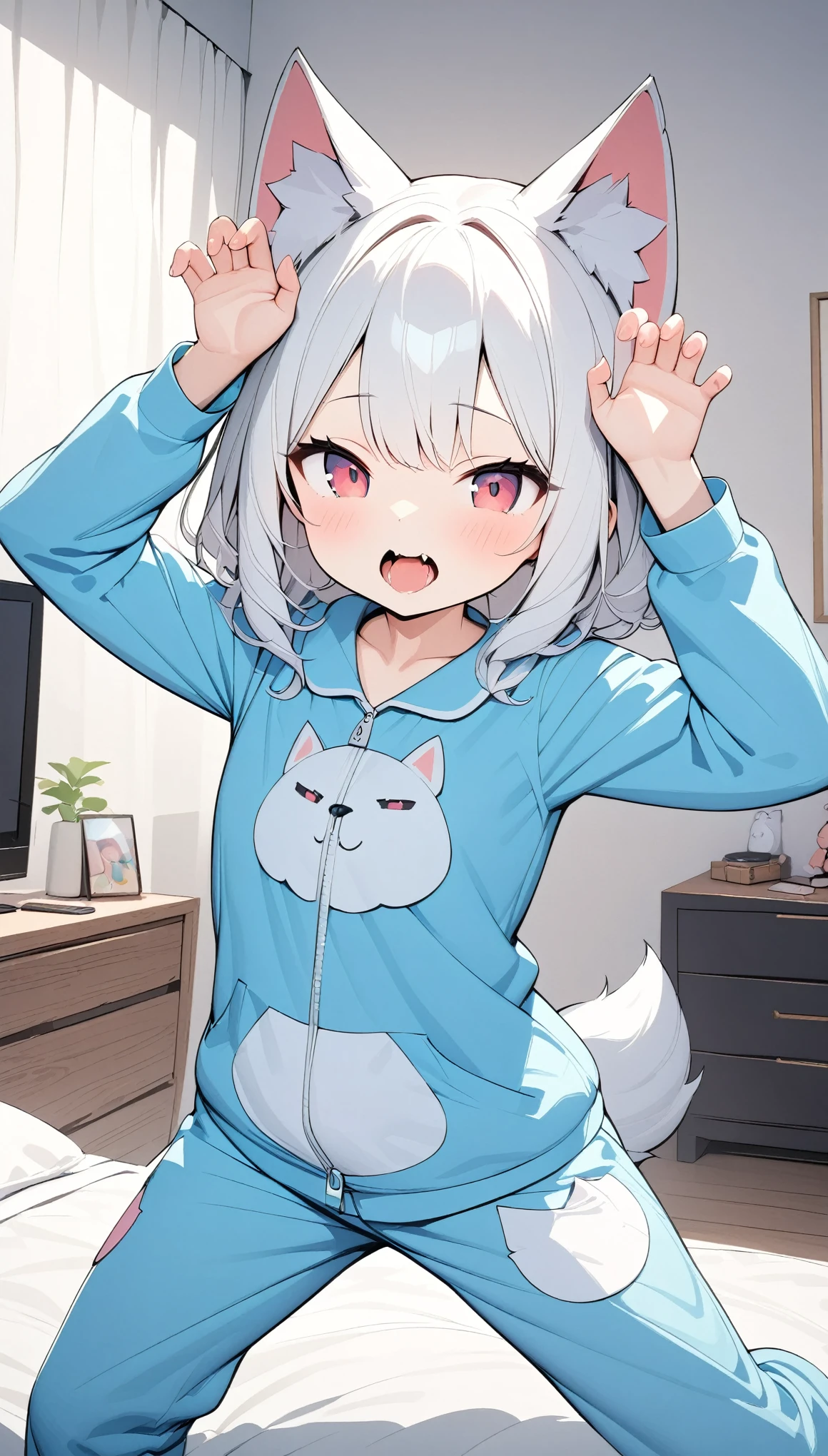 anime、Perfect White Balance、Highest quality、Highest quality、Ultra-detailed、(masterpiece:1.2),Very absurd、4K,8k,Shortcuts、Curly hair、(Red Eyes:0.8),Slanted Eyes、A girl wearing a wolf costume pajamas、cute、Beast Pose、Open your mouth wide,tooth、(bites),Bedroom