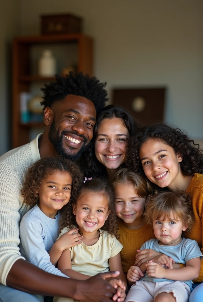 A family photo with black father 50 old, white and mother 40 old one brother biggest about 23 old and 5 sisters age(20,,13,7,4 add one biggest brother no face