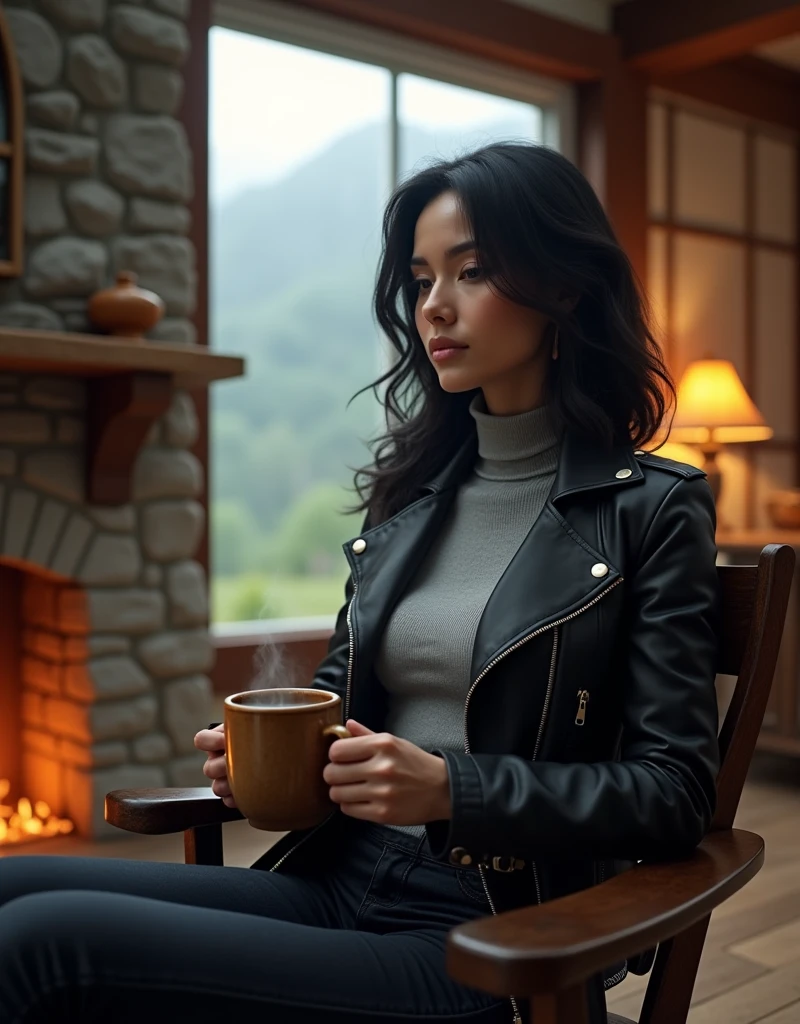 The woman is wearing a sleek, black leather jacket layered over a light grey, fitted turtleneck sweater and dark skinny jeans. Her black hair is styled in loose waves that cascade over her shoulders. She sits comfortably in a vintage wooden chair, cradling a steaming, rustic ceramic mug of coffee. The farmhouse's interior is warmly lit, with wooden beams and a stone fireplace softly glowing. Through the large window beside her, the misty drizzle outside creates a tranquil scene of lush green mountains and fog, adding a touch of serenity to her relaxed pose.