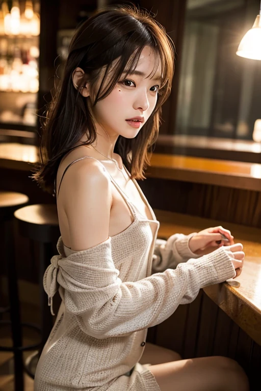 ((extreme close up)), side view, watching camera, A sophisticated bar setting exudes an atmospheric glow, featuring stylish dim lighting and a cozy ambiance. In sharp focus,  a thin Japanese actress in her 20s, with tied medium, loosely curled brown hair, sits on a bar stool. Dressed in a white plunging neckline tight long dress, licking a short cocktail. inviting me to drink together, The scene captures an elegant, intimate mood, enriched by warm lighting and rich textures, creating a masterpiece of visual allure., from side, UHD, masterpiece, anatomically correct, textured skin, super detail, nipple slip