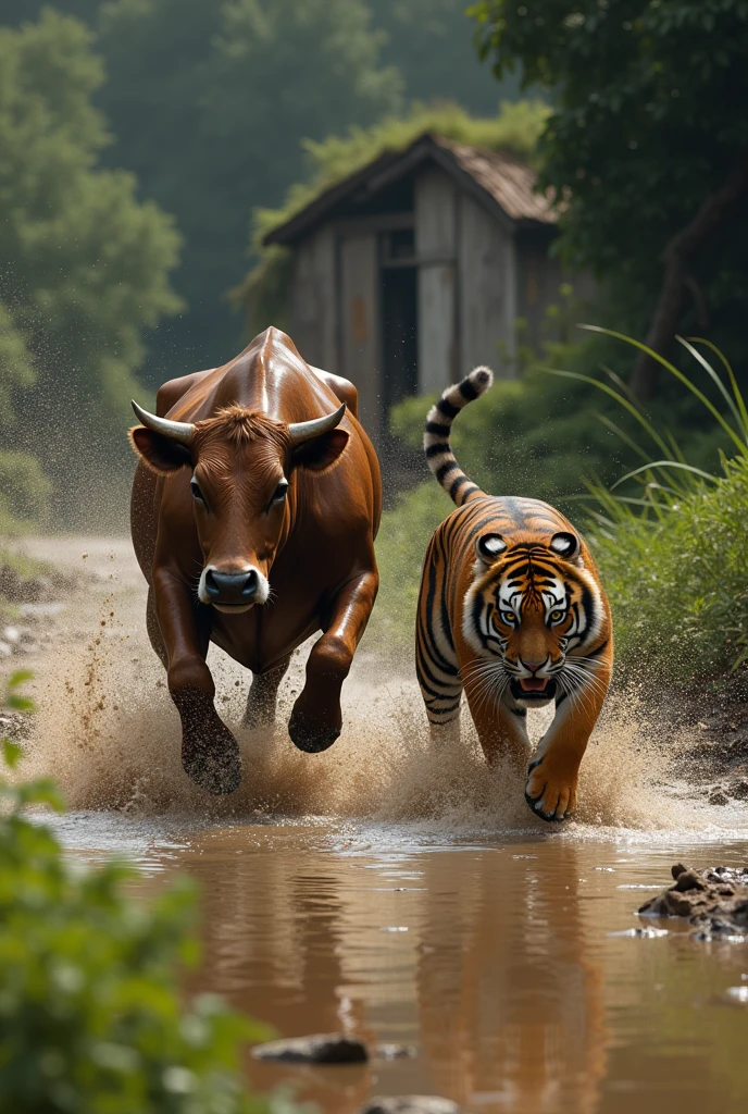The cow leaps into a muddy pond, its legs sinking into the thick mud. The tiger, with fierce determination, jumps in right after it.