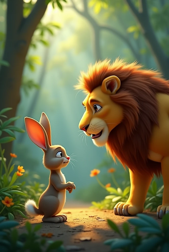 The rabbit explaining to the lion about meeting another lion who claims to be the king of the jungle.