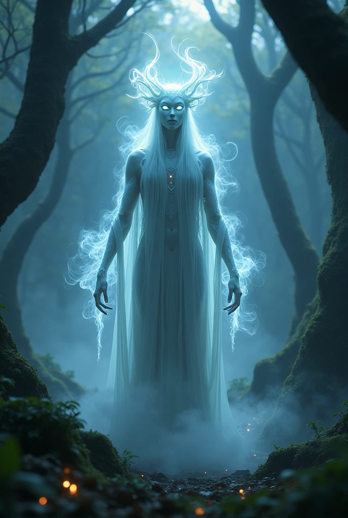  (High quality, ultra-detailed, 4K resolution): A mysterious and powerful jinn emerging from a swirling mist in a dark, ancient forest. The jinn has an ethereal, translucent form with shimmering, iridescent skin that glows faintly in the moonlight. Its eyes are glowing with an otherworldly light, casting a haunting gaze. The jinn’s body is partially composed of swirling smoke and mist, with long, flowing robes that seem to be made of shadow and light. Its hands are delicate yet powerful, with fingers that taper into sharp, claw-like tips. The background is a dense forest with ancient, twisted trees, their branches reaching out like claws. The air is thick with mystery and magic, with soft, eerie lights flickering in the distance. The atmosphere is one of ancient power and mystical energy. (Cinematic lighting, fantasy art, highly realistic, intricate details, mystical, eerie, ArtStation trending).





You said:
