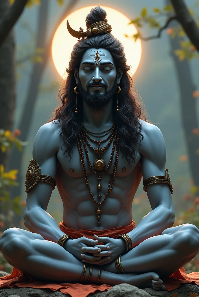 Lord shiva in sitting position with abhay mudra with rudraksh mala with hairs and long Beard and moustache and his third eye open with tripund realistic human with divine aura around and on face with calm, peaceful and smile expirations with front profile with half closed eyes and third eye and blessings hand