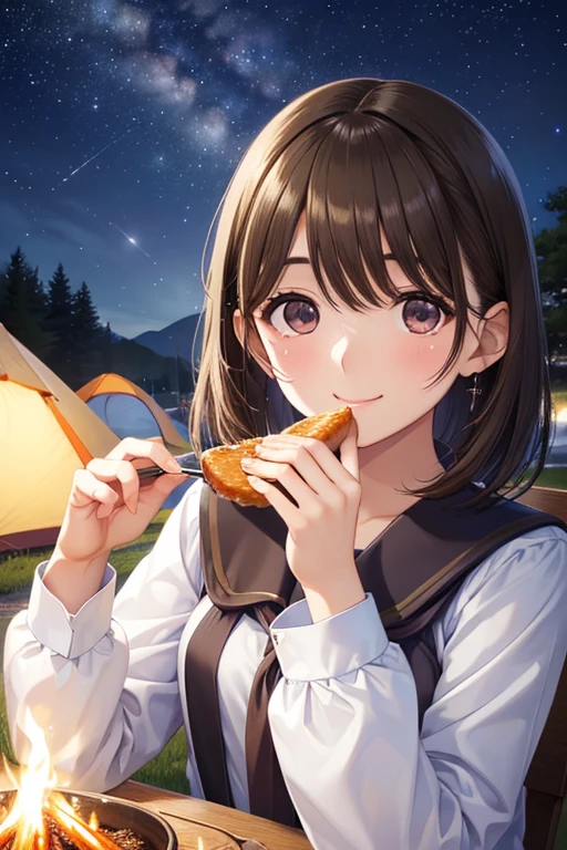 anegasaki nene、Shiny brown hair, short hair, (Beautiful brown eyes、Sparkling eyes, Fine grain)、smile、Ultra-detailed eyes、Highly detailed face, Highly detailed eyes,


(high quality, 8k, 4K, High Contrast, masterpiece:1.2, 最high quality, Best aesthetics), 
campfire, night lakeside, Tents and camping equipment, , A person stuffing their cheeks with food, smile, Look up at the starry sky, Fun time, Wide々And, Soft bonfire light, Best memories, 