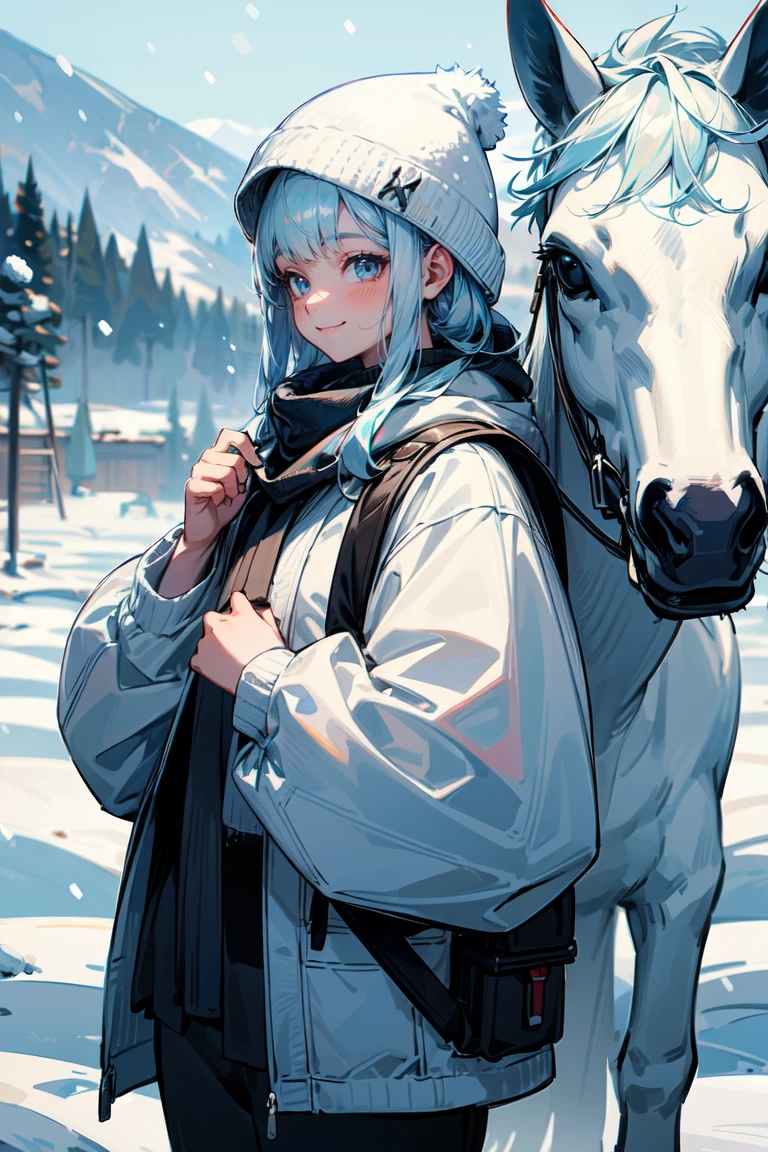 (masterpiece, best quality:1.3), 8K, illustration, super detailed, highly detailed, (cowboy shot), 1girl, solo, light blue hair, long hair, winter hat, wearing backpack, (animal, white horse, white hair), standing side by side, ((snow fall)), winter season, scenery snow mountain background, vivid color, absurdres