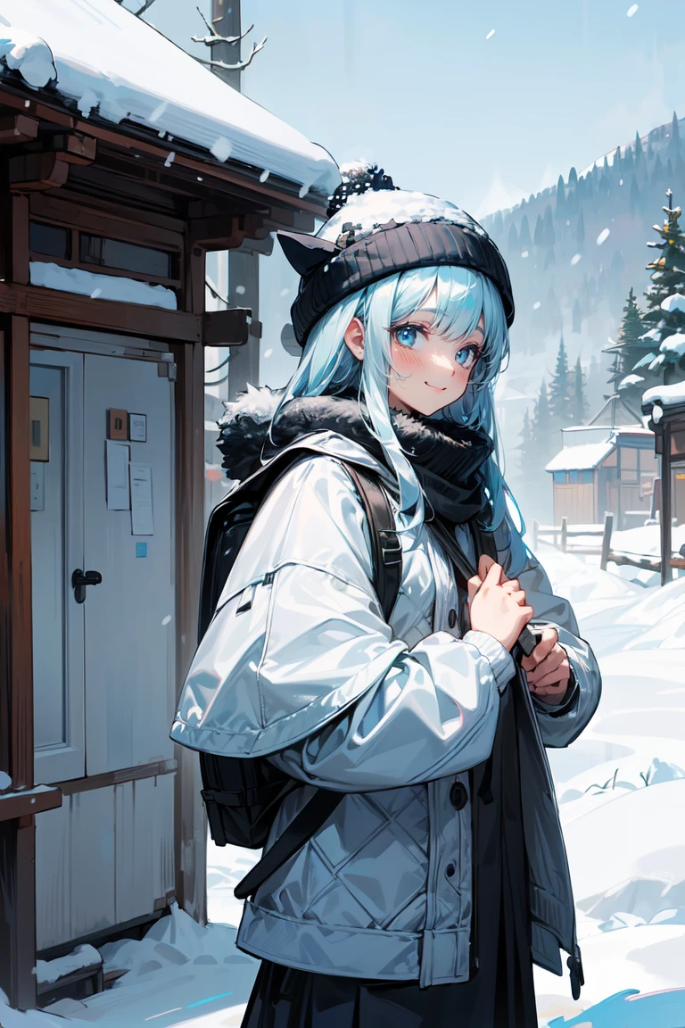 (masterpiece, best quality:1.3), 8K, illustration, super detailed, highly detailed, (cowboy shot), 1girl, solo, light blue hair, long hair, winter hat, wearing backpack, (animal, white horse, white hair), standing side by side, ((snow fall)), winter season, scenery snow mountain background, vivid color, absurdres