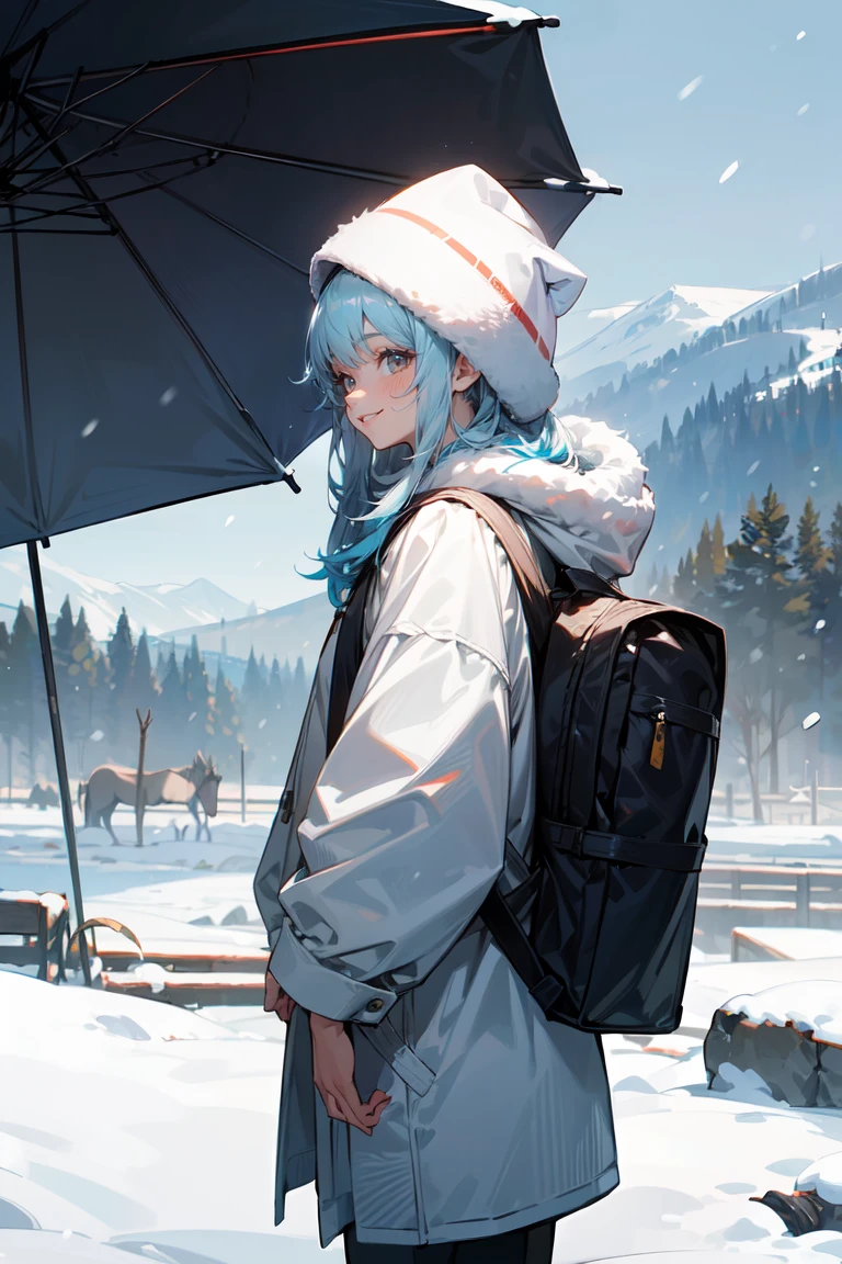 (masterpiece, best quality:1.3), 8K, illustration, super detailed, highly detailed, (cowboy shot), 1girl, solo, light blue hair, long hair, winter hat, wearing backpack, (animal, white horse, white hair), standing side by side, ((snow fall)), winter season, scenery snow mountain background, vivid color, absurdres