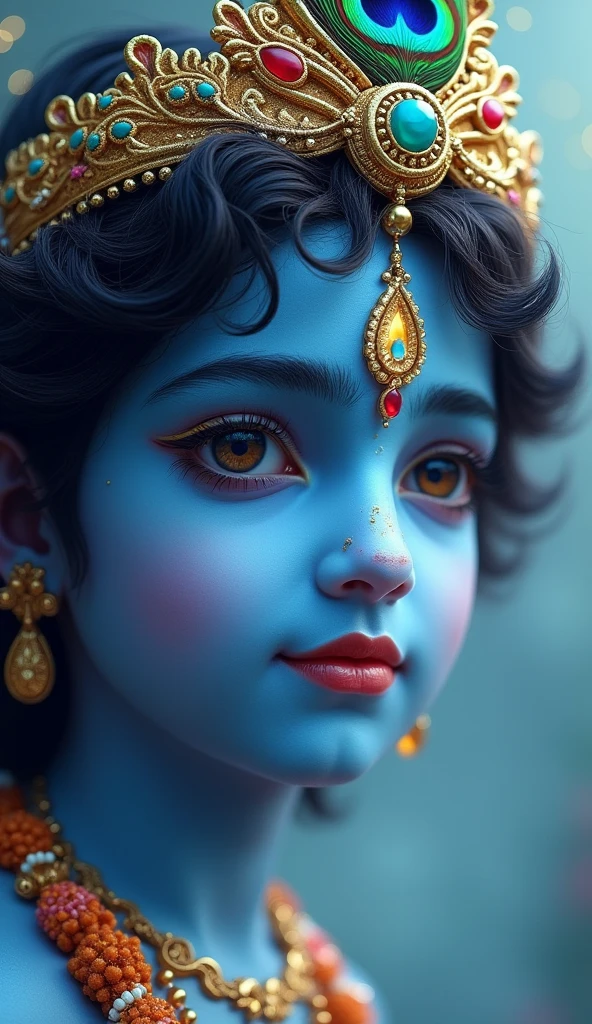Beautiful Krishna with shining eyes and a peacock feather on his head looking like sun and moon, shine the eyes less. His skin complexion is radiant blue.