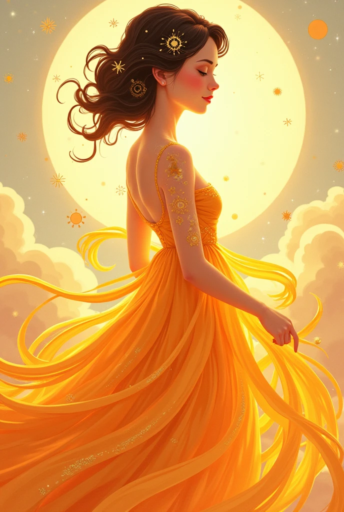 A simple drawing of a woman dressed as if the sun were her clothes