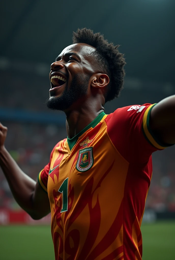 A hyperrealistic, concept art portrait of african soccer athlete confident celebrating a game winner moment , illuminated by dramatic, high-contrast lighting, set against a dark, with a shallow depth of field that blurs the edges, emphasizing the subjects, with a cinematic composition that captures the essence of winning spirit.