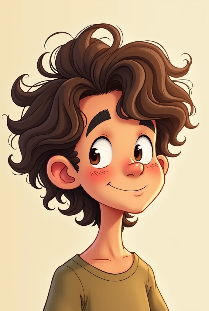 I have a simple cartoon 2d male teen oc I want long curly brown hair with a rubber band in the back and long on the left side in front