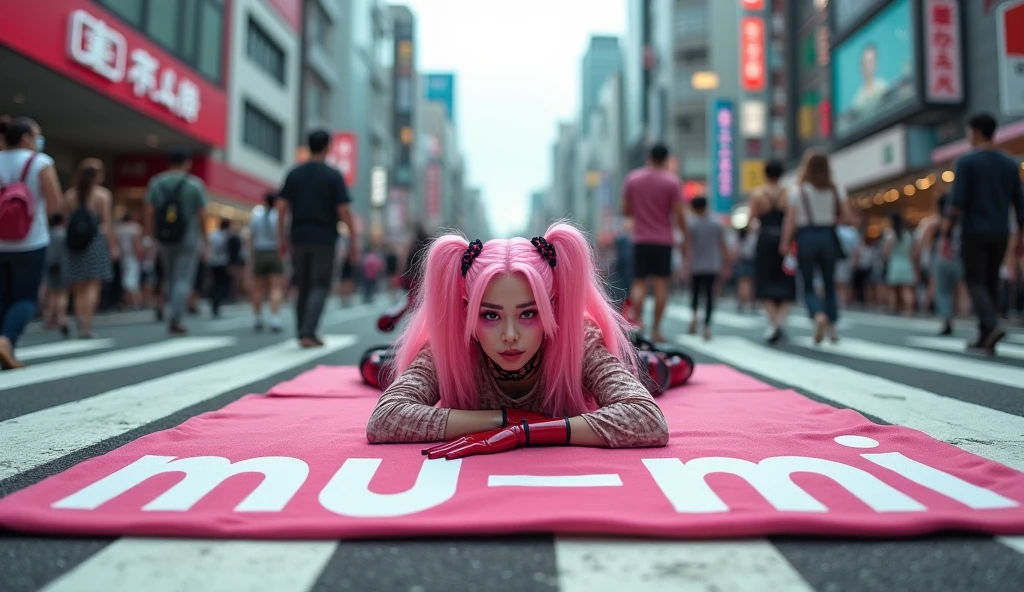 Japanese middle-aged woman、Deadpool woman with pink hair and twin tails、In the middle of Tokyo&#39;s scramble crossing「mu-mi」She is lying on a pink bath mat with the words、Surrounded by passers-by。