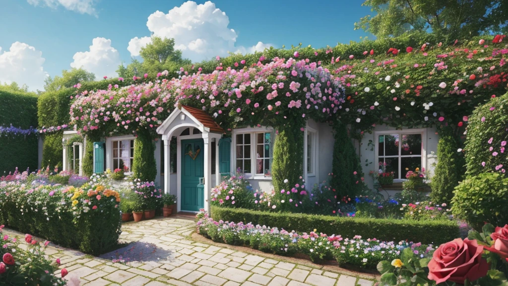 ((masterpiece)),((Highest quality)),((High Detail)),nobody,background,Rose Garden, Colorful flowers, small house