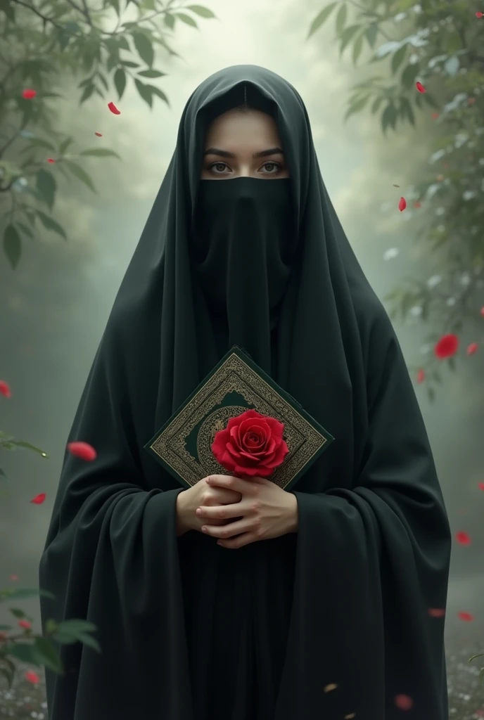Irani girl, chadar, black hijab, veil, quran, , abaya hairs hide , face hide , full body cover with black aba, wallpaper heaven back ground, red rose 