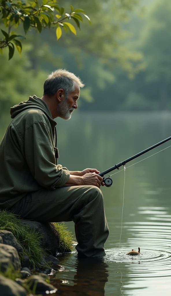 Sitting catfish fish by the pond in the role of a fisherman, catch people on a rod like a fisherman . Realistický pohled.