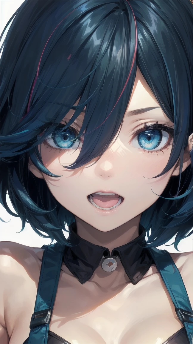 Close-up of a manga girl with blue hair and a yellow shirt, 2D Animation, 2D Animation style, 2D Art, 2D Art, 2D from Gorillaz, 2D from Gorillaz, 2D Gorillaz, Screaming Cerket, 2D Sprite, Jinx Face, short hair, Small breasts, hot pants, ((Black Hair, Inner bright blue hair:1.4)), Slanted Eyes