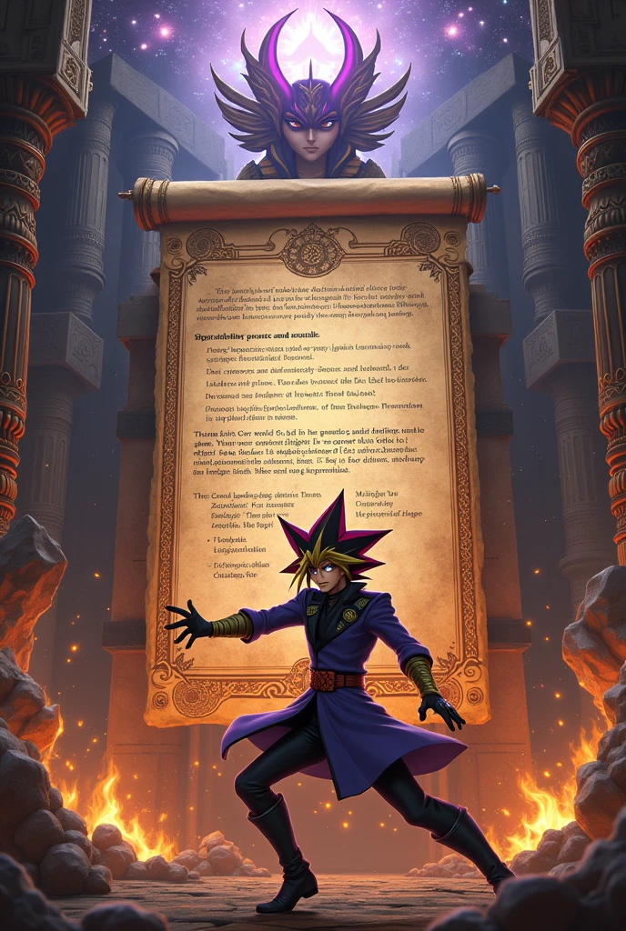 Realistic image of the Yu-Gi-Oh game in Portuguese with reference to the main character&#39;s moves to be the background of a large text box, parchment ,game instruction in the center of the image 