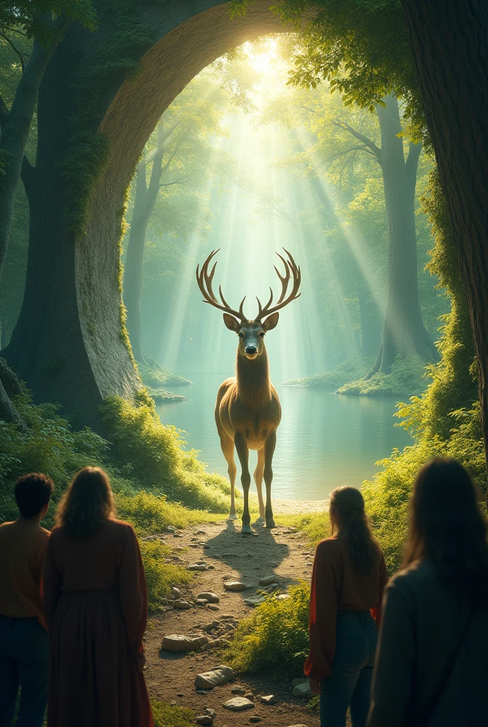 People in present see a deer in the portal full of nature