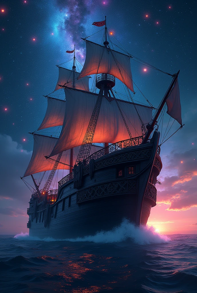 A realistic photo of a Portuguese black ship drifting in the middle of a starry sky, Celestial, Colorful stars々Shining night sky, Fantasy Theme, Cinema Lighting, Vivid lighting