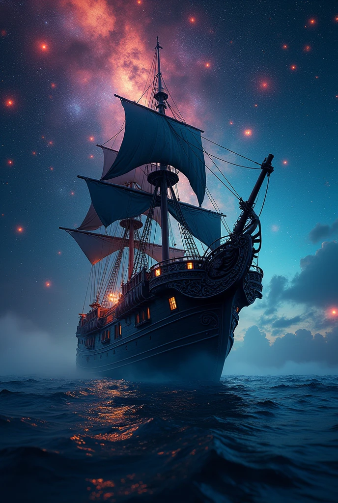 A realistic photo of a Portuguese black ship drifting in the middle of a starry sky, Celestial, Colorful stars々Shining night sky, Fantasy Theme, Cinema Lighting, Vivid lighting