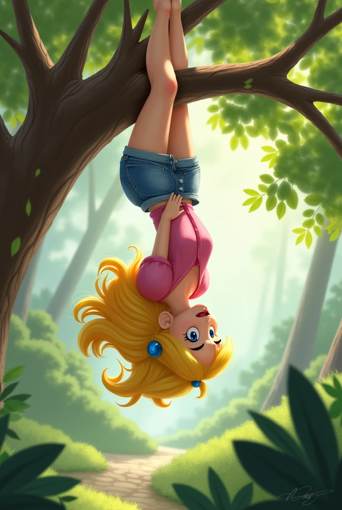 Princess Peach wearing shorts and barefoot hanging from a tree