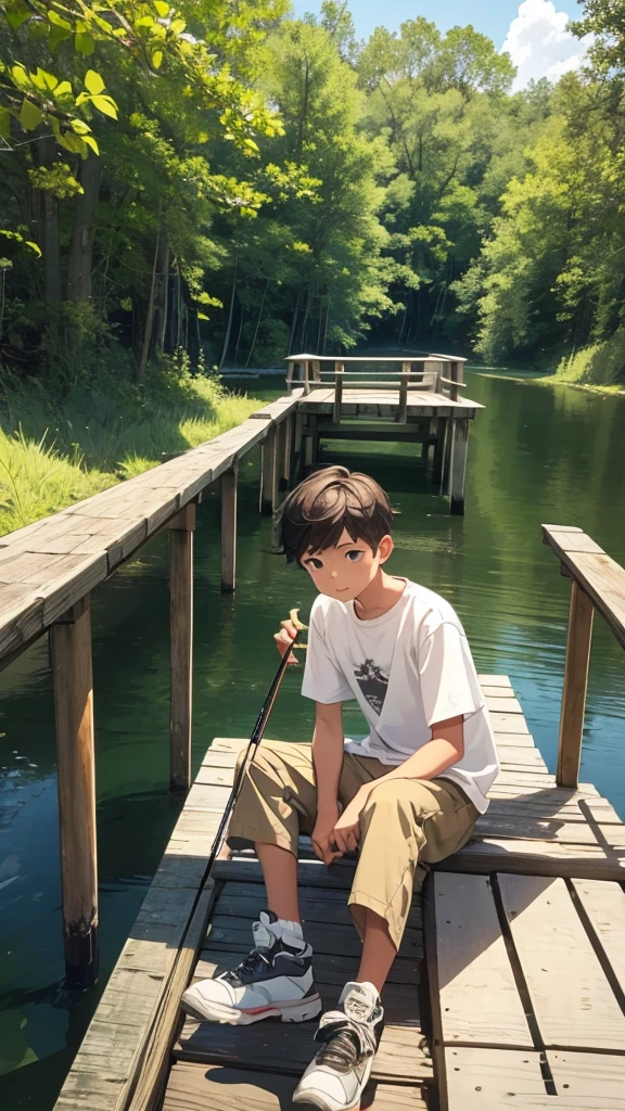 Boy, sits on a wooden bridge, catches fish, fishing pole, Boy смотрит в реку