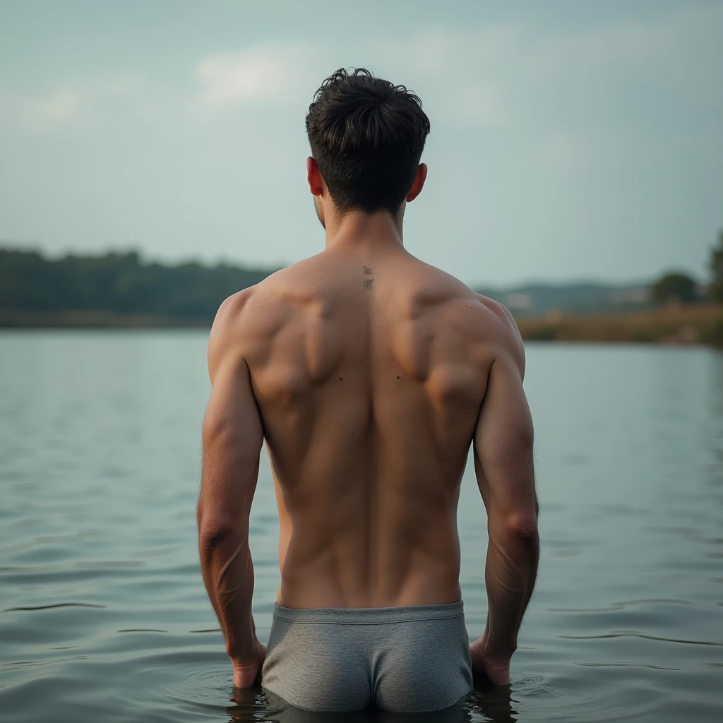 A white man, at 3, model type, with short dark hair, with clear eyes, wearing a full shirt and boxers, standing backwards, looking at the camera and showing her ass in a lake in Alentejo