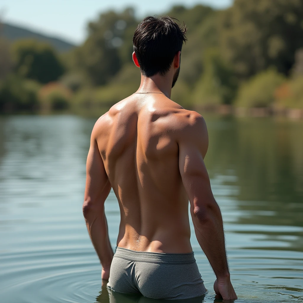 A white man, at 3, model type, with short dark hair, with clear eyes, wearing a full shirt and boxers, standing backwards, looking at the camera and showing her ass in a lake in Alentejo