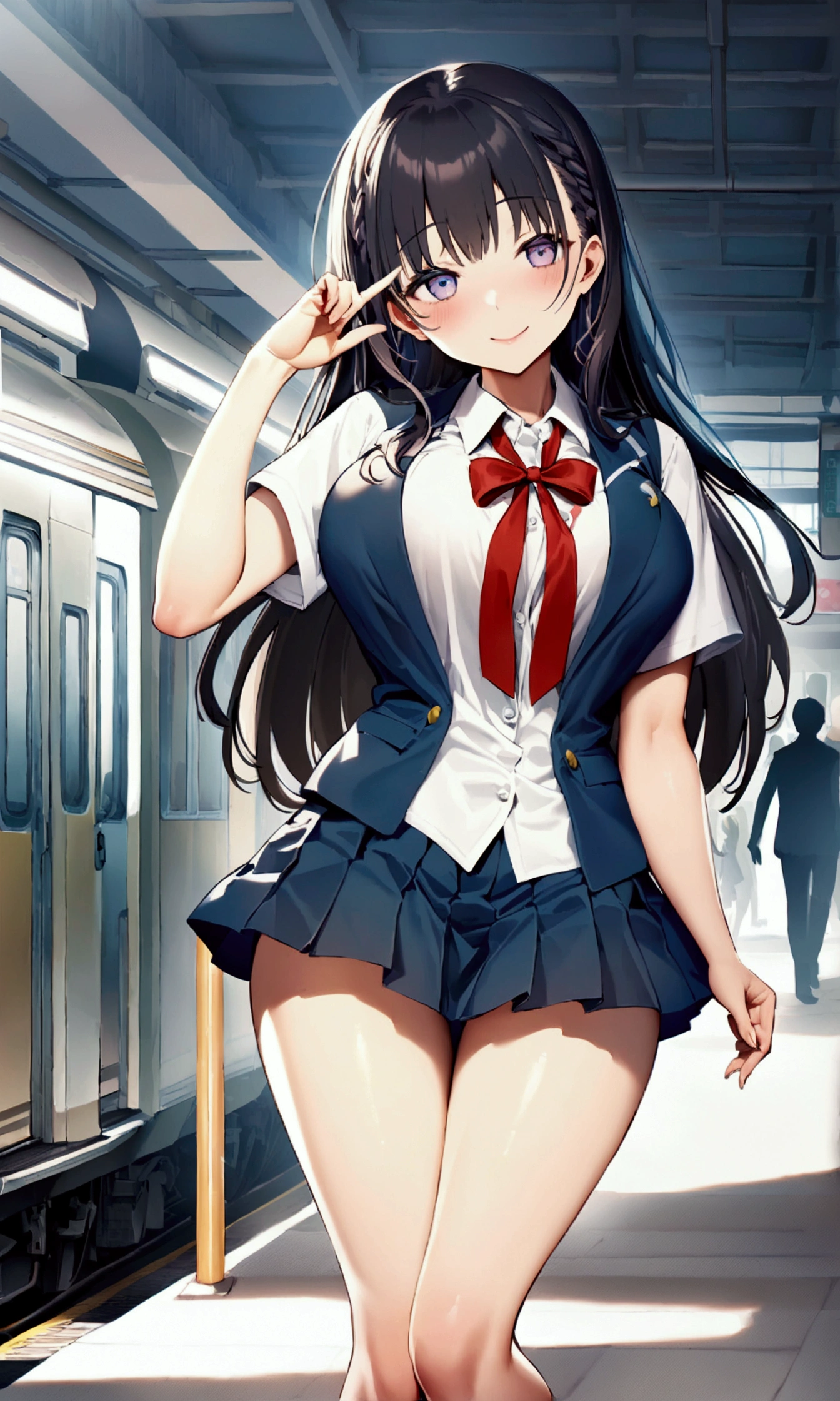 Tawawa on Monday,Ai-chan,High school short sleeve uniform,Red ribbon on chest,high school girl,mini skirt,shyness,black hair,long hair,whole body,station,crowd,silhouette,finely detailed beautiful face,high quality,アニメ,beautiful,High resolution,アニメ color,{{{{8k_wallpaper}}}},{{{masterpiece}}},{{{{extremely detailed eyes}}}},{{{{extremely detailed body}}}},{{{{extremely detailed finger}}}}